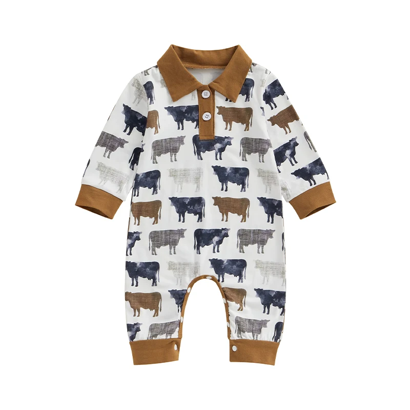 Cute Western Baby Boy Summer Clothes Highland Cow Print  Romper Shorts Jumpsuit