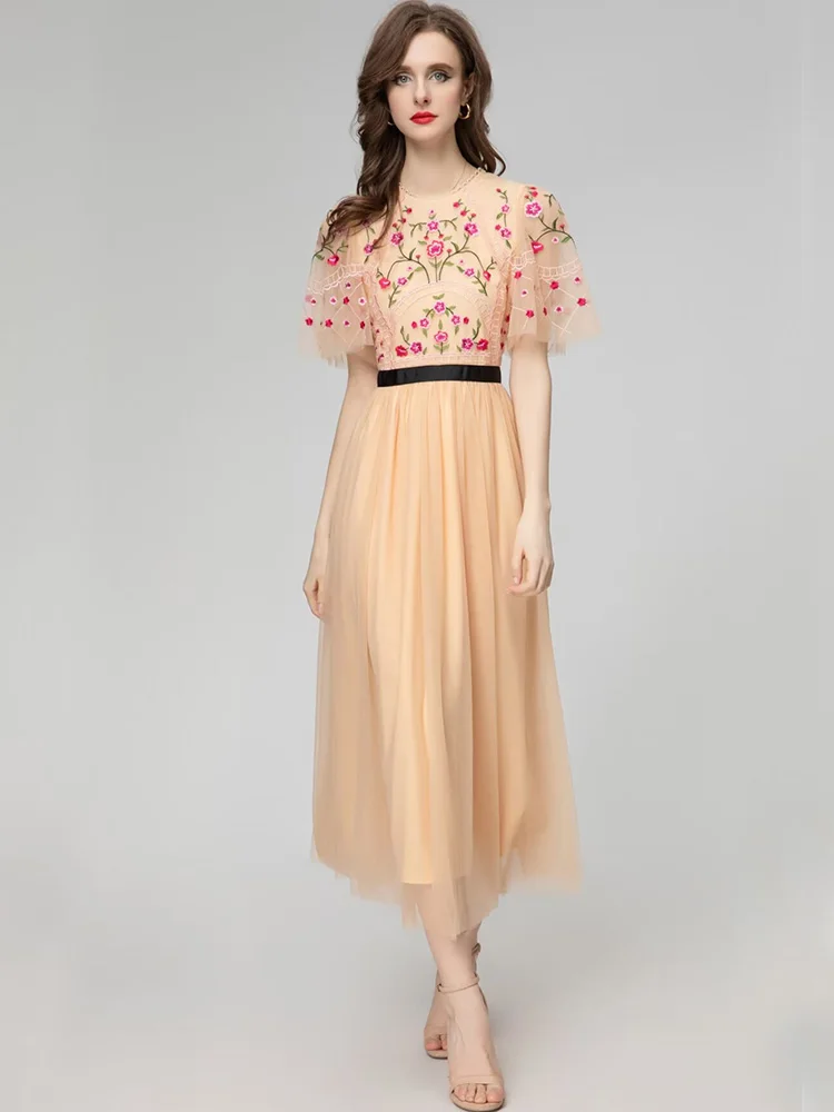 

JUNLINNA Fashion Elegant Party Holiday Dress Women Short Sleeve O-Neck Mesh Embroidery Vestidos High Street Lady