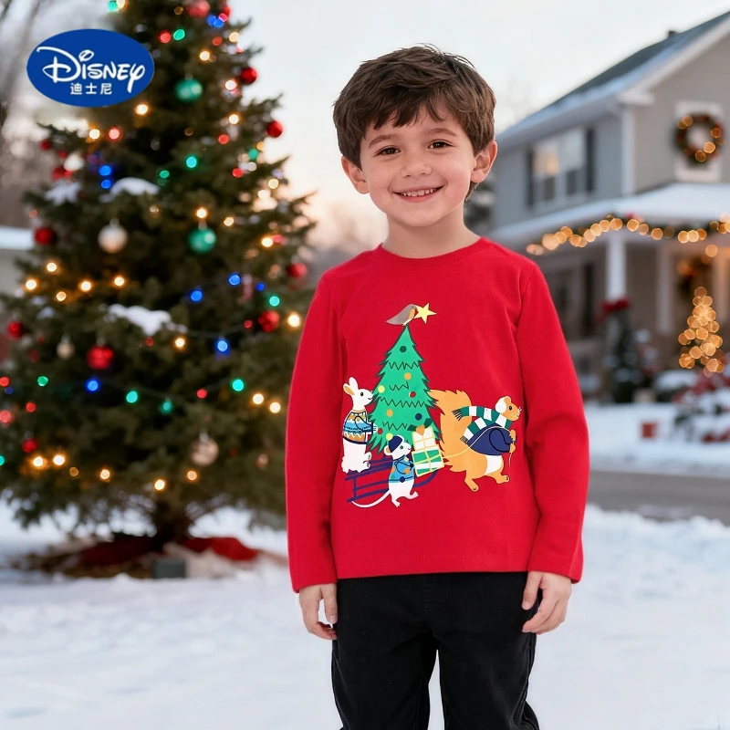 

Disney Kids' 2025 Christmas Long Sleeve T-Shirt | European Style Holiday Print Pullover, Winter Casual Top for Children