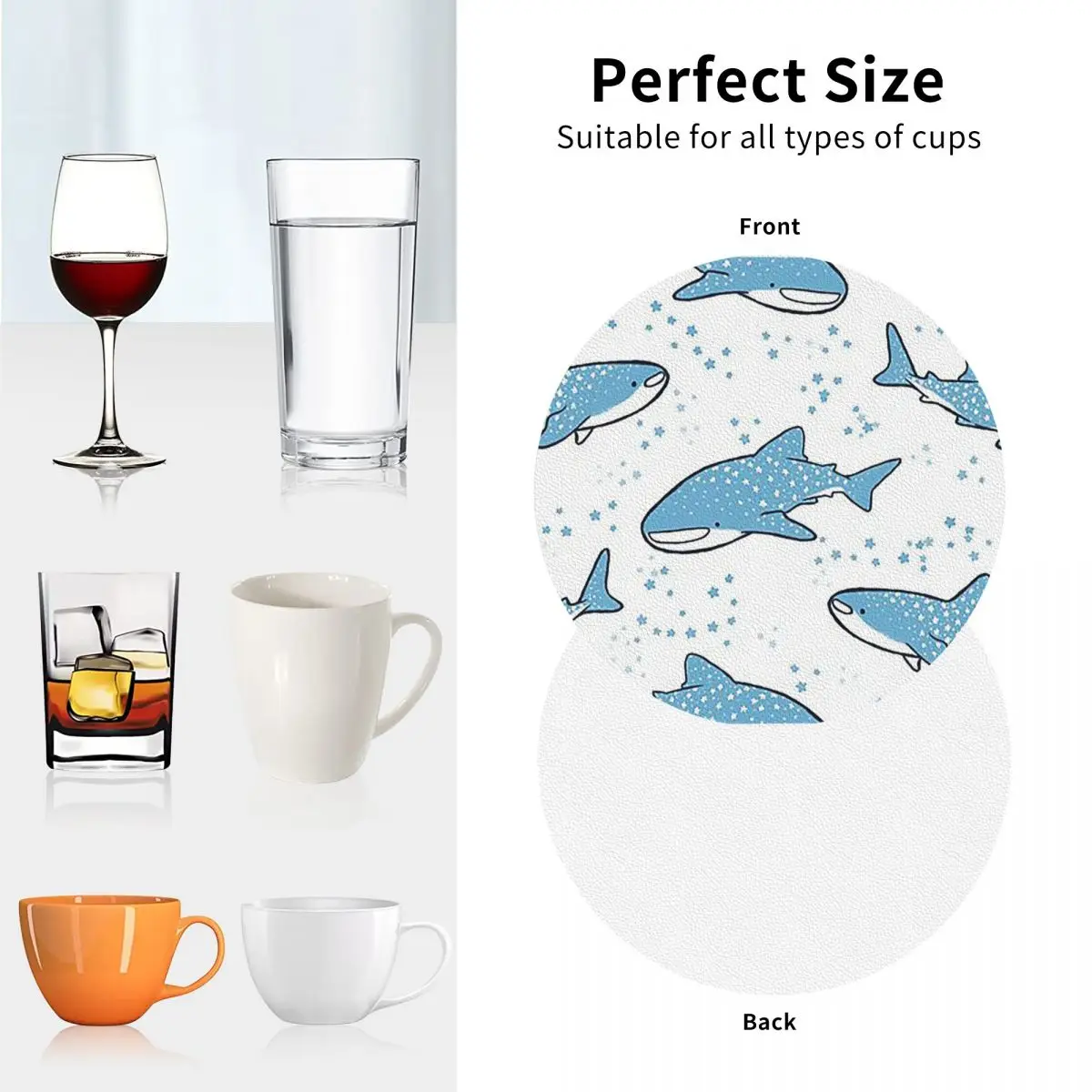 Starry Whale Sharks Coasters PVC Leather Placemats Waterproof Coffee Mats for Decor Home Dining Pads Set of 6