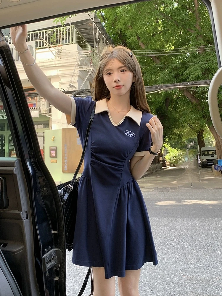 Women Dresses Patchwork V-neck Short Sleeve Hotsweet Fashion Summer Slim Korean Style Breathable Abdomen Streetwear All-match