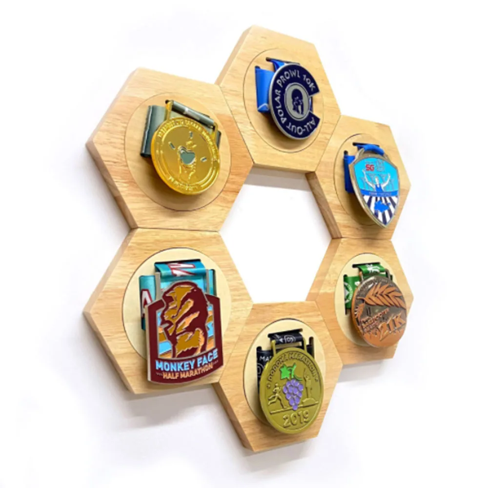 

New Homes Decorative Tool Racks Medal Album Wooden Hexagon Medals Storage Shelf For Households Bedroom Decoration