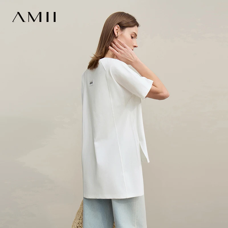 T-shirt Amii Femme Été 2026 Nouveau Col Rond Fente Latérale Coton Broderie Lettre Dentelle Accent Te