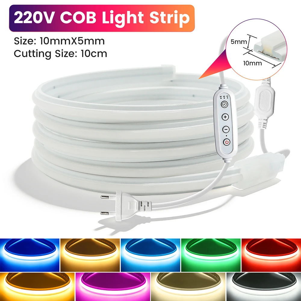 220V 4key Dimmer COB LED Neon T Shape Rope Light Tape Strip EU Power Kit 288 LEDs Flex Lamp 9 Colors 0.5m 2m 5m 10m 20m 25m