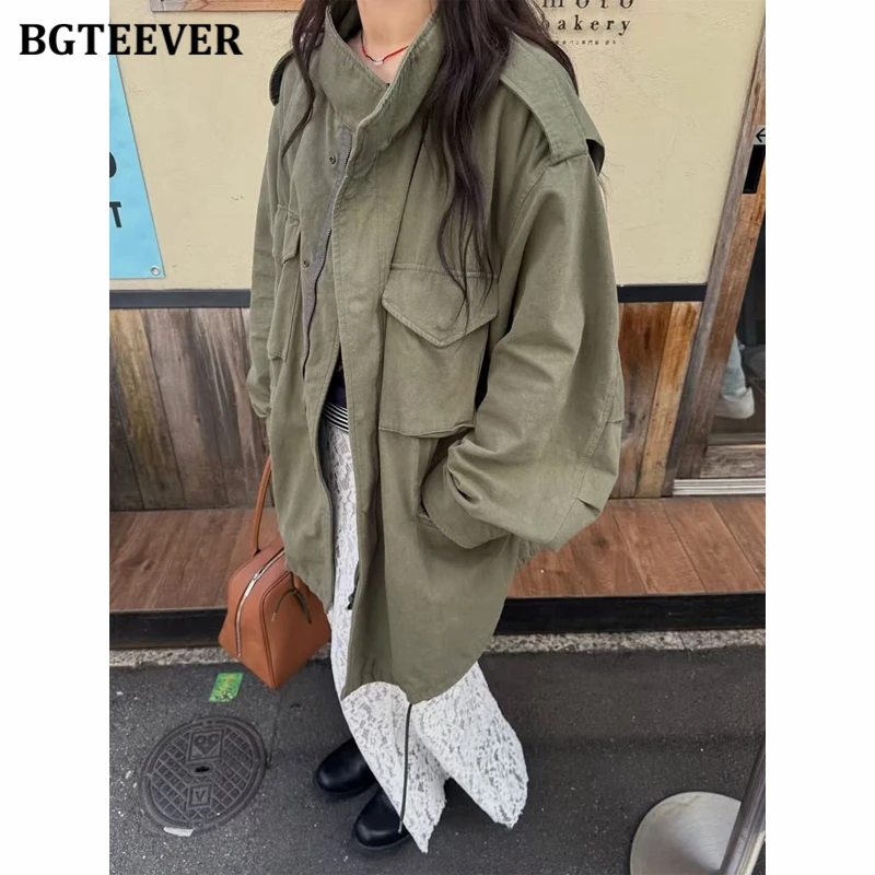 BGTEEVER Korean-style Multi-pocket Cargo Trench Coat for Women, Stand Collar Green Oversized Jackets Autumn Winter