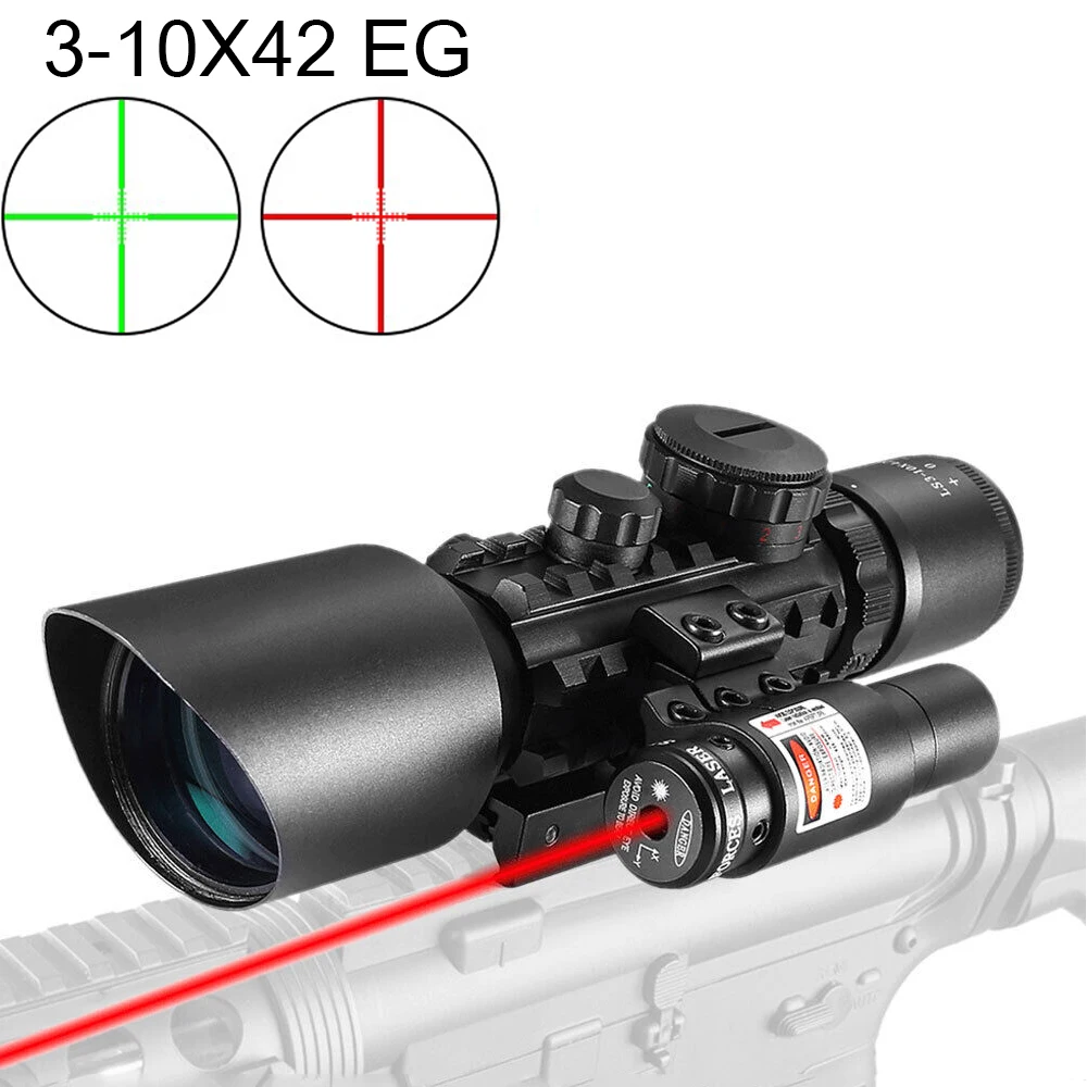 3-10X42E Hunting Riflescopes With Red Dot Laser Sight Combo Tactical Rifle Scope Red Green Illuminated Mil-dot Crosshair Reticle