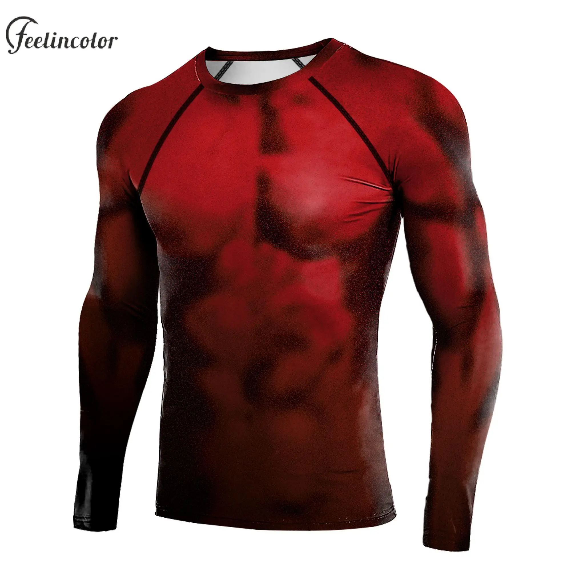 Camicie muscolari con stampa 3D per uomo T-shirt fantasia a maniche lunghe Maschile Fitness Compressione Top Girocollo Abbigliamento maschile