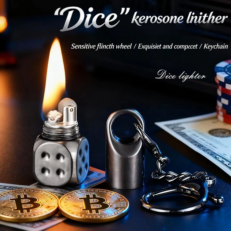 Compact Dice Coal oil Lighter, Sensitive Flint Wheel Keychain Lighter, Mini Metal Pocket Lighter for Everyday Carry