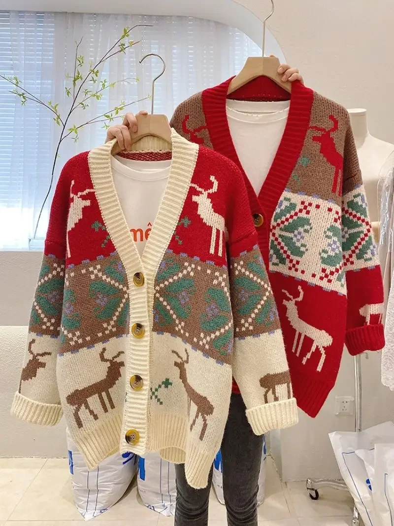 

Knitted Christmas Sweater Knit Sweaters For Men Cardigan Couple Vintage Sweater Cardigans Coat Y2K Jacket Men's Clothing