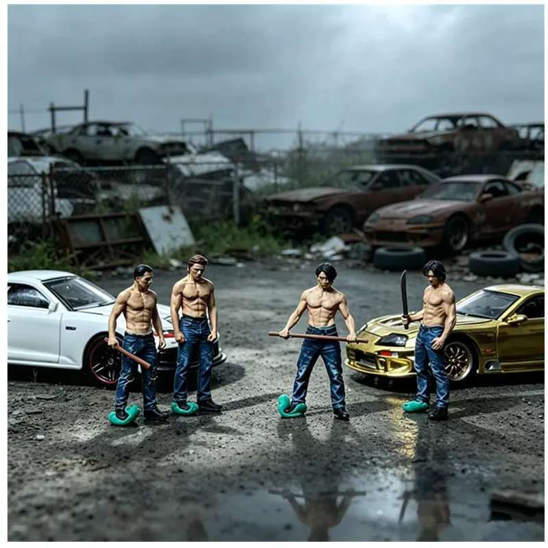 New 1/64 Street Gangster 4 Soldiers Miniature Resin Model DIY Handmade Painted Sand Table Scene Matching Toys Birthday Gift