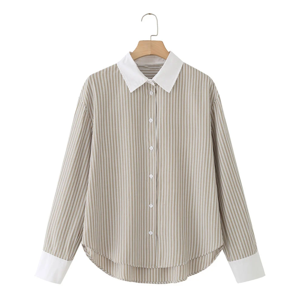 

New autumn and winter women's clothing temperament versatile loose slimming contrasting striped long sleeved shirt