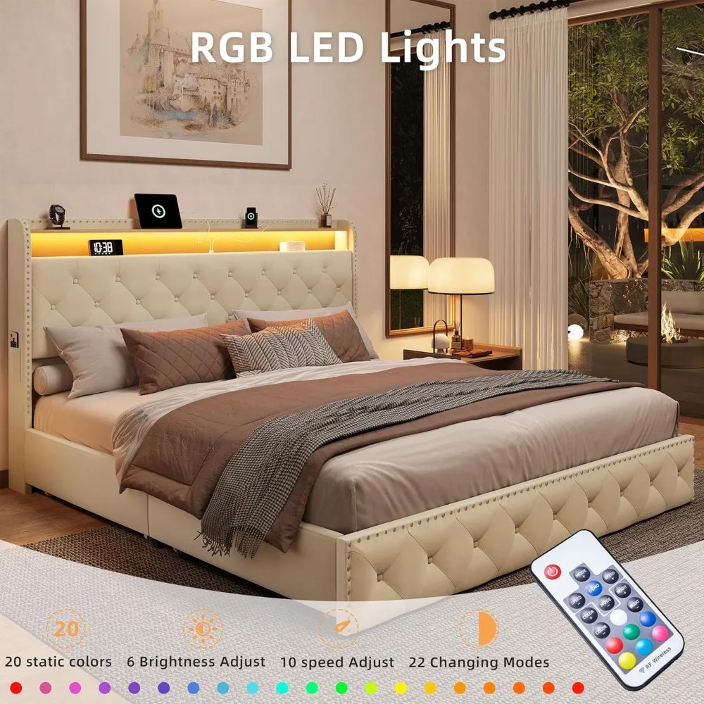 King Bed Frame with Large Storage Space and LED Lights and Charging Station, with Drawers,Upholstered Bed Frame image 2