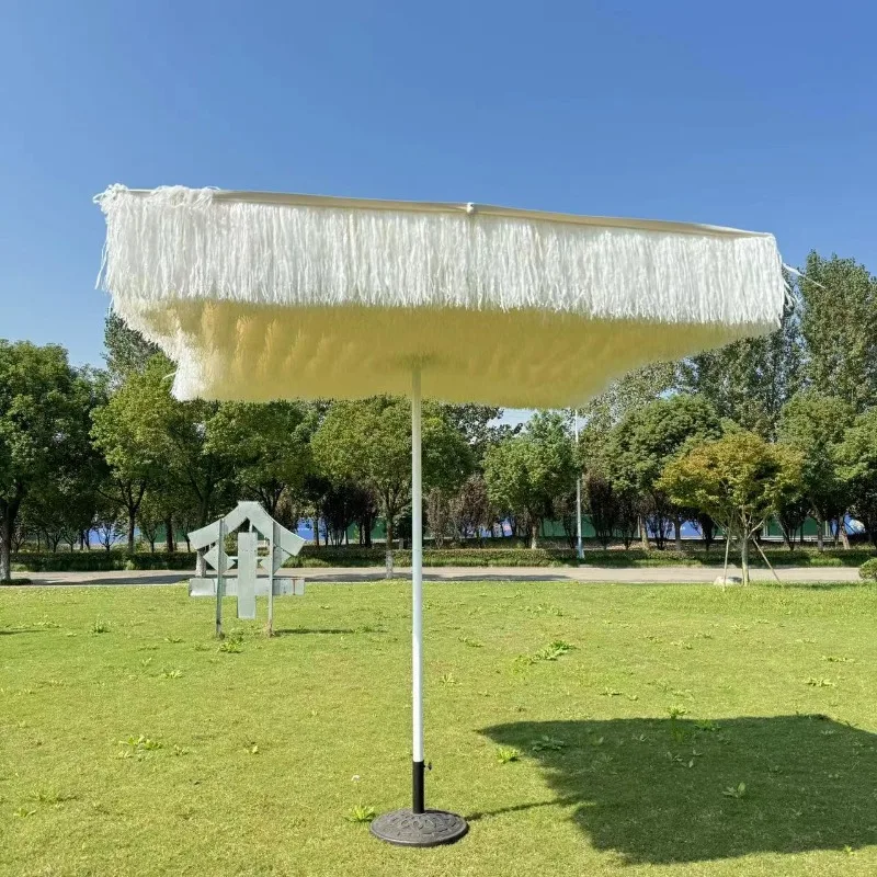 Outdoor Thatched Sun Umbrella, Straight PP Straw Middle Pole Patio Umbrella, Square & Round Hawaiian Style Grass Shade Umbrella