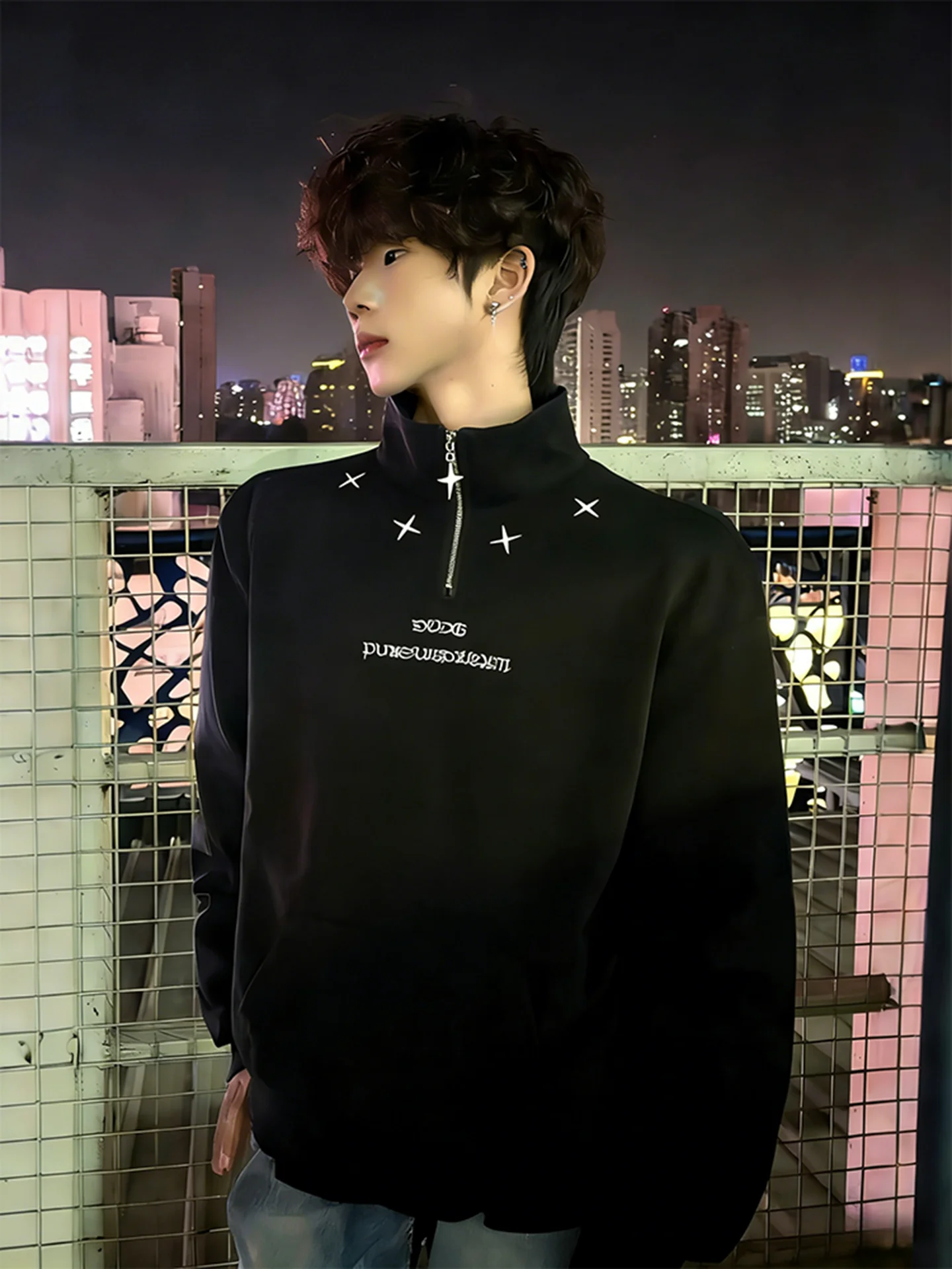

Bla Youth Feeling Four-pointed Star Embroidery Stand Collar Sweatirt Men's Autumn Winter High-ade Long Sve T-irt A...