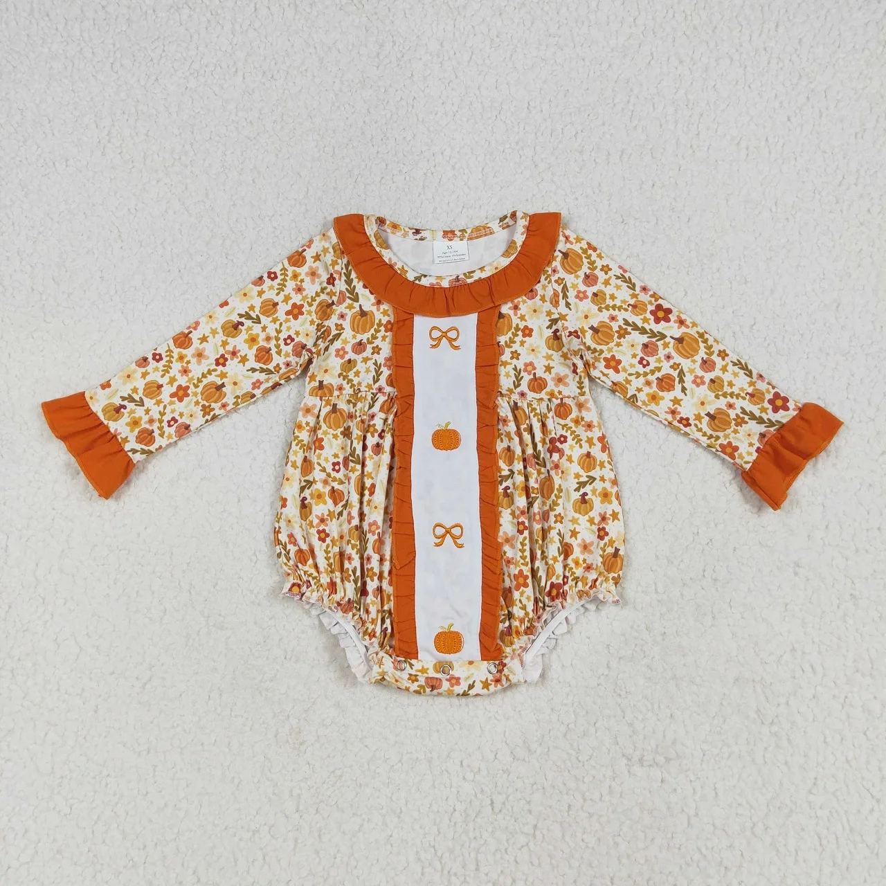 

Wholesale Toddler Thanksgiving Baby Girl Children Embroidery Pumpkins Bows Floral Romper Newborn Orange Ruffle Coverall Bodysuit