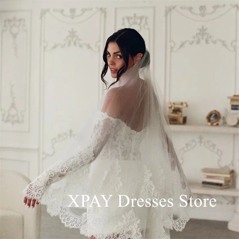 XPAY 2025 Short Skirt Off the Shoulder Wedding Dresses Lace Long Sleeves Vestidos De Fiesta Backless Party Dress With Veil