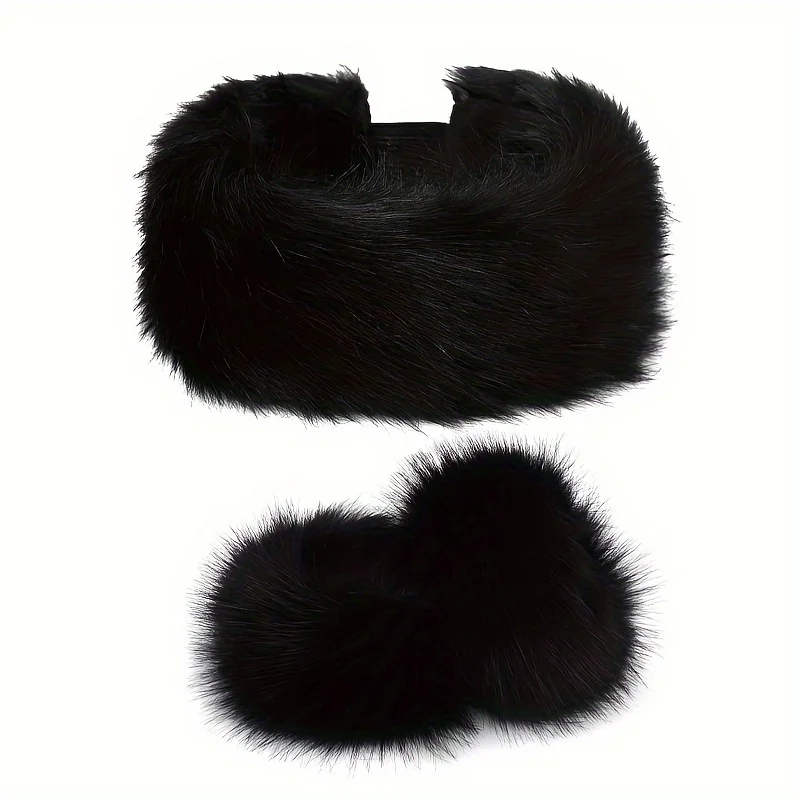 Conjunto de gorro y calentador de brazo de piel sintética, 2 uds., diadema y fundas para diadema y fundas de invierno acogedoras, accesorio de moda cálido de punto de poliéster