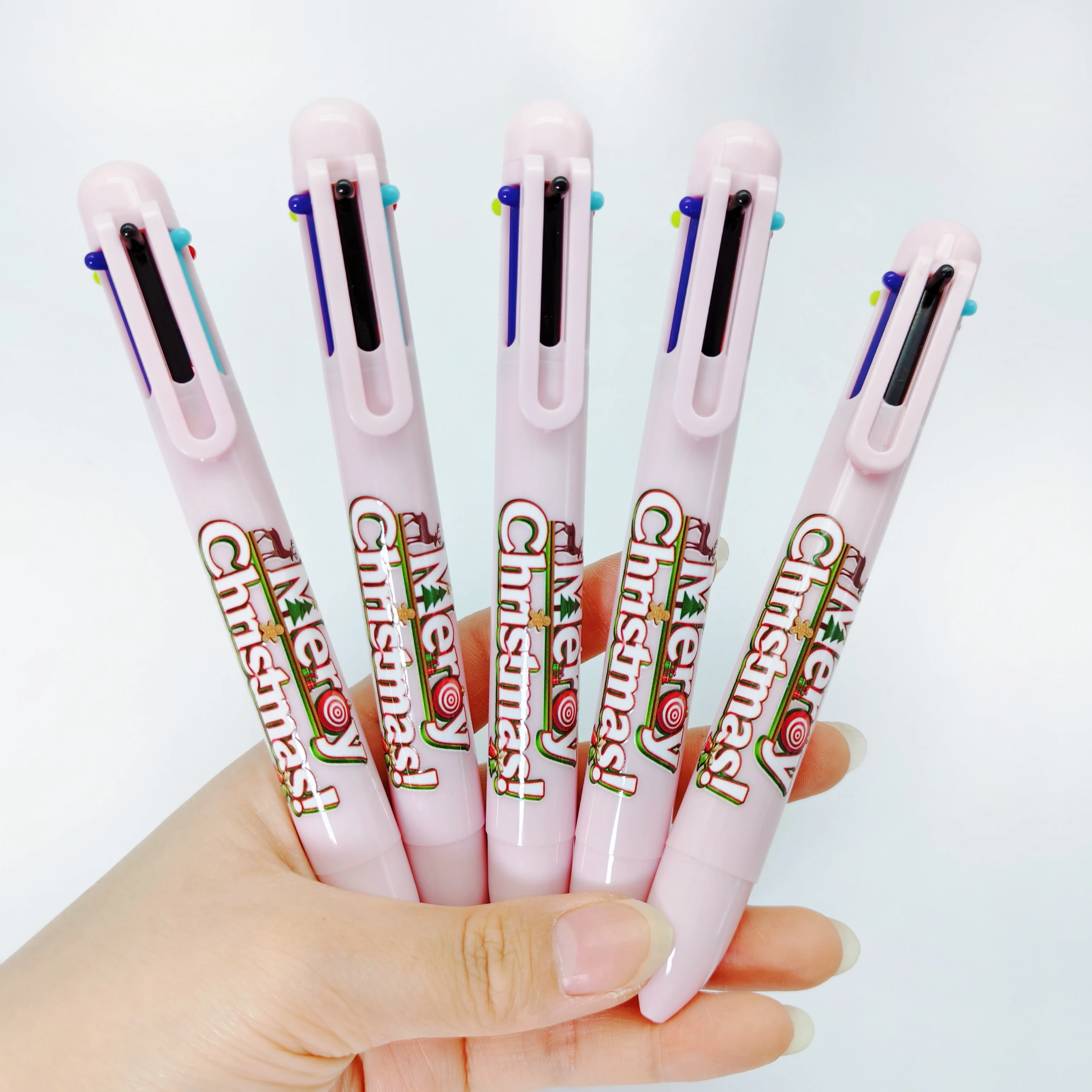 

8 шт./12 шт. розовая рождественская тема, разноцветная ручка с рождественскими элементами, шариковая ручка «шесть в одном», ключ для маркировки, многоцветная ручка для прессы