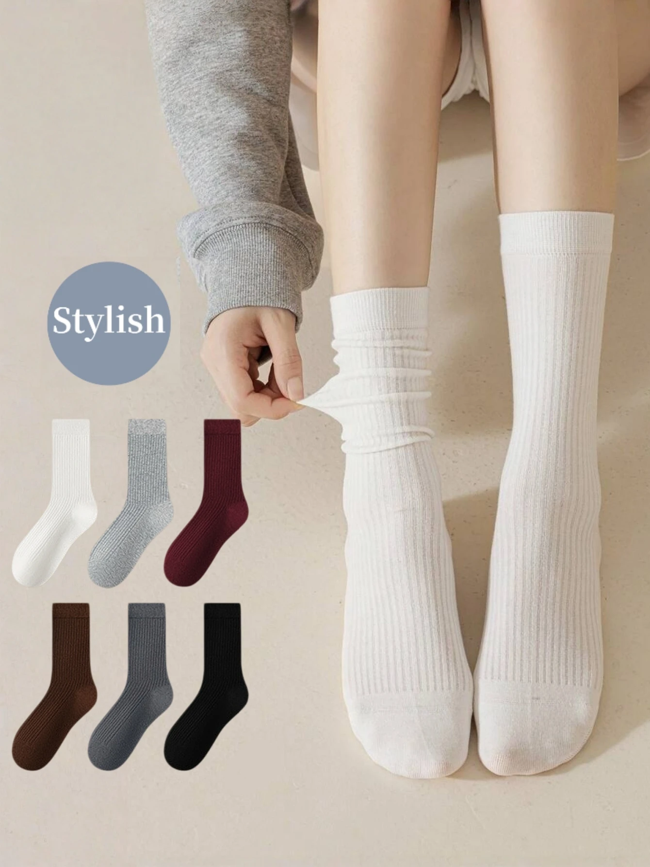 Einfarbige gerippte Crew-Socken für Damen, Frühling und Sommer, dünn, atmungsaktiv, lässig, mittelhohe Socken, Streetwear-Stil, koreanisch – Detail 1