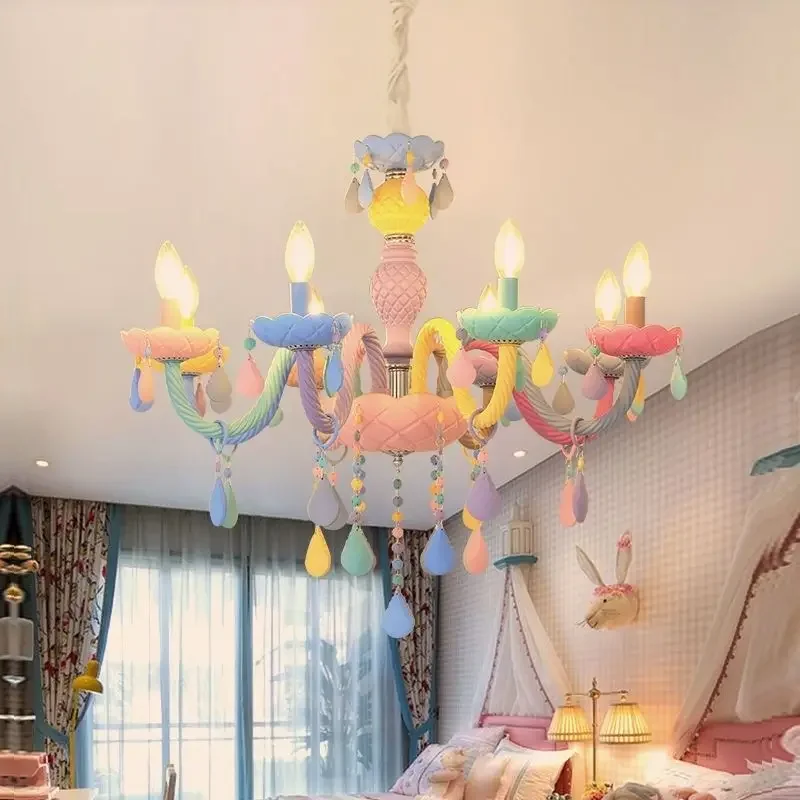 Modern Rainbow Color Candle Crystal Chandelier lustres Children's Bedroom America Girl Princess Makaron Lamps Drop Light Fixture