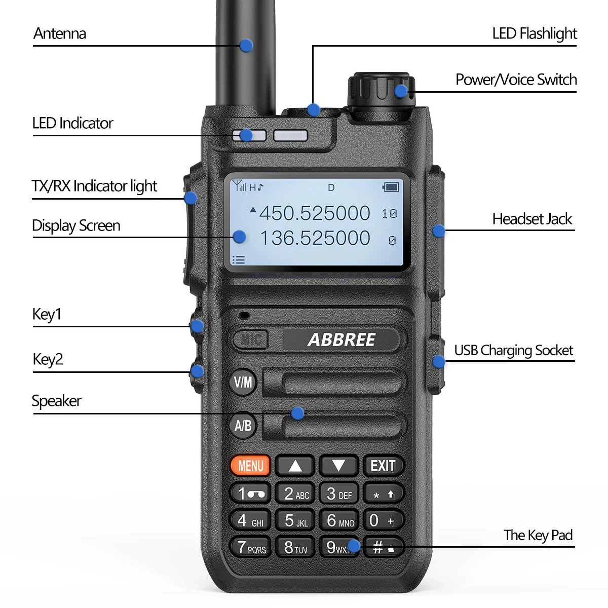 ABBREE AR-F5 Wireless Copy Frequency Walkie Talkie 136-520MHz Full Band 10W Powerful 5800mAh Frequency Scanner Two Way Radio