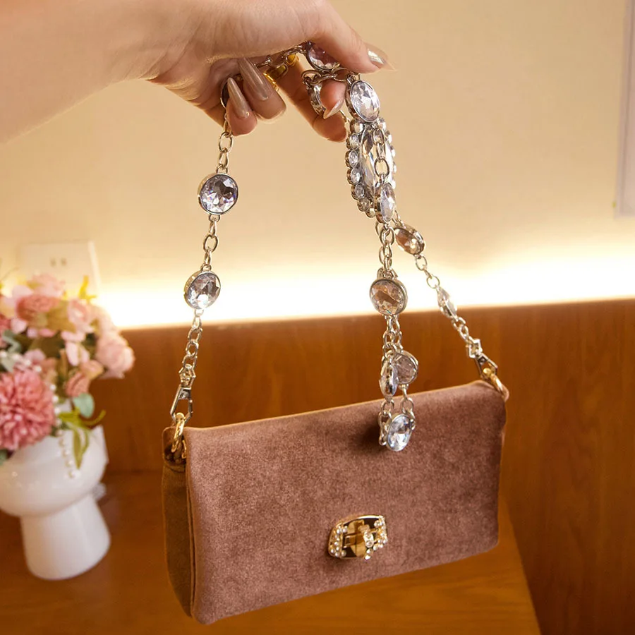 

Темпераментная сумка через плечо со стразами на талии и цепочкой, модная универсальная бархатная маленькая квадратная сумка, обеденная сумка