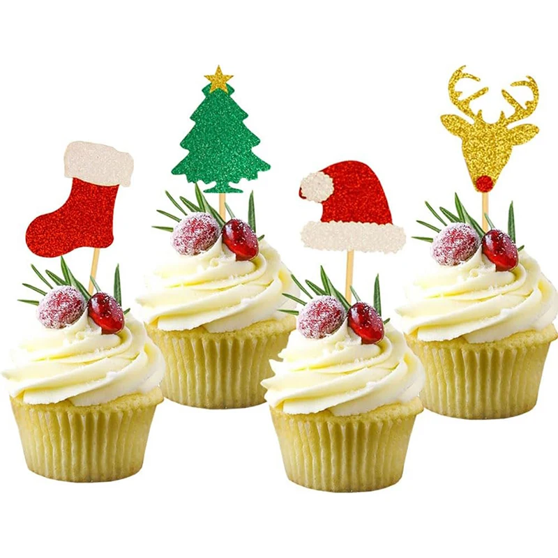 24 stücke Frohe Weihnachten Kuchen Topper Papier Baum Hirsch Neue Jahr Cupcake Topper Wohnkultur Weihnachten Dessert Einsatz Party Gefälligkeiten Versorgung