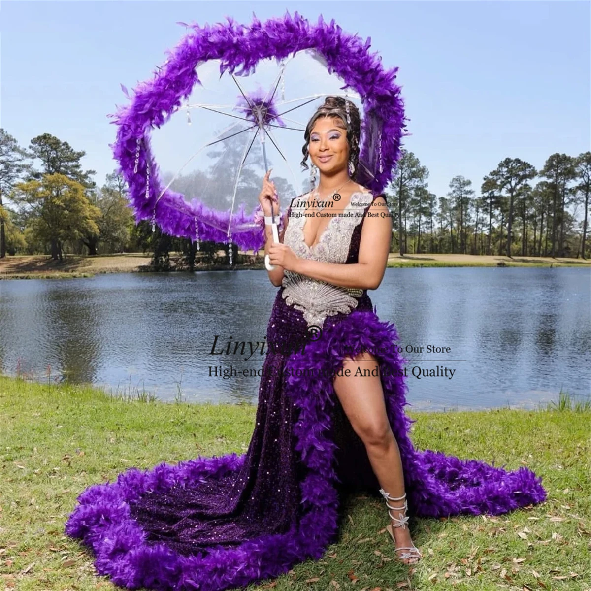 

Платье для выпускного вечера с фиолетовыми блестками и юбкой-годе