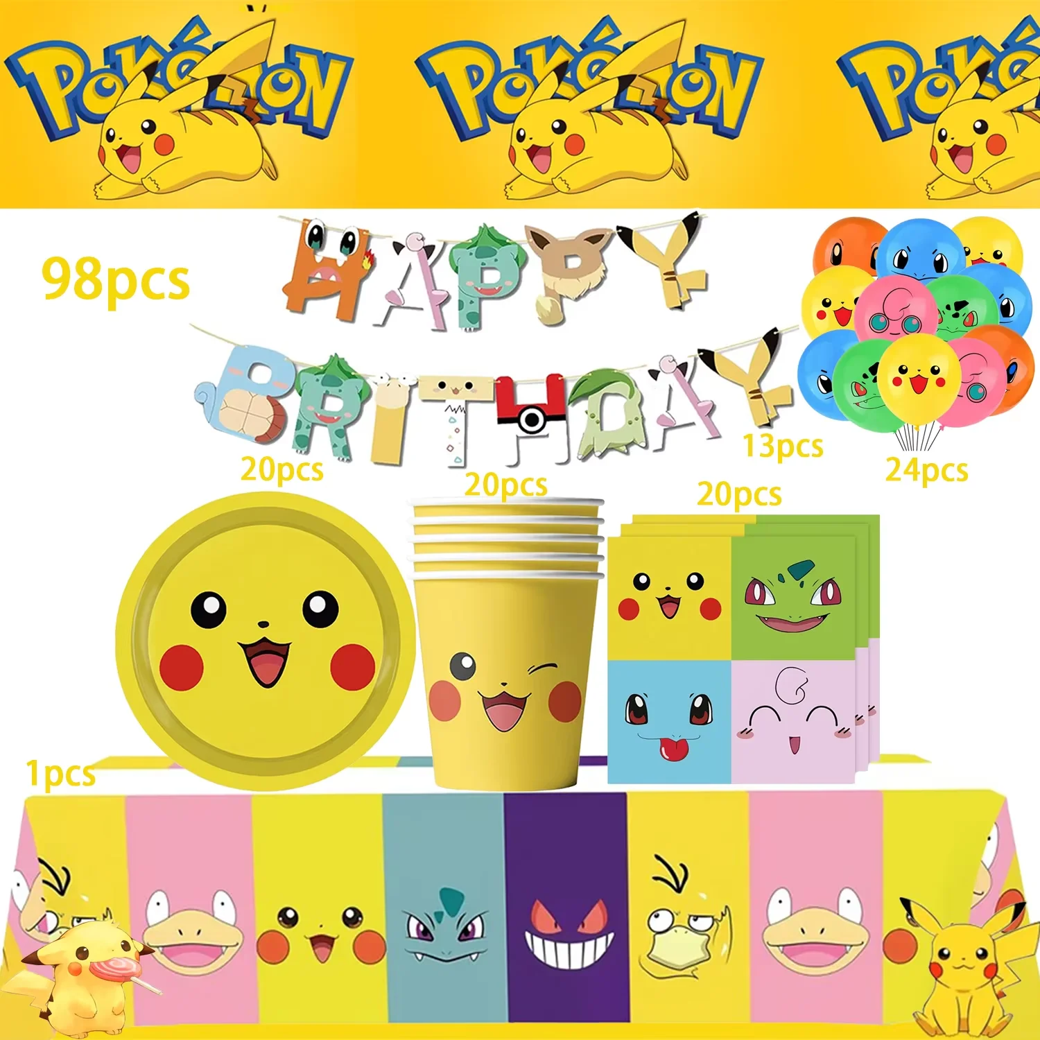 

Pokemon Birthday Party Decoration Set Disposable Tableware Banner Cup Pikachu Supplies Kids Birthday Party Toy Gift Baby Shower