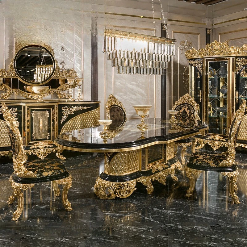 

Carved long dining table combination European-style villa fabric gold-painted dining chair furniture