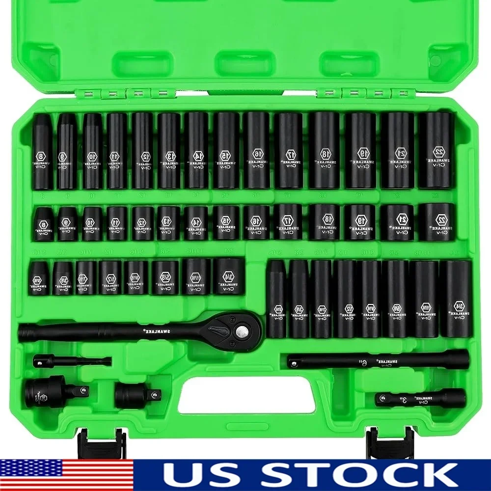 

50-Piece 3/8" Drive Impact Socket Set SAE Metric Cr-V 6 Point Ratchet Extension Bar Universal Joint Customized Storage Box