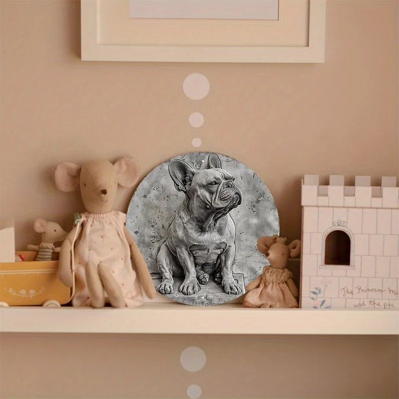 Aluminum Circular Metal Sign Plaque, Black and White Image of A French Bulldog Wall Art, Home Decor, 8x8Inch, 1Pc