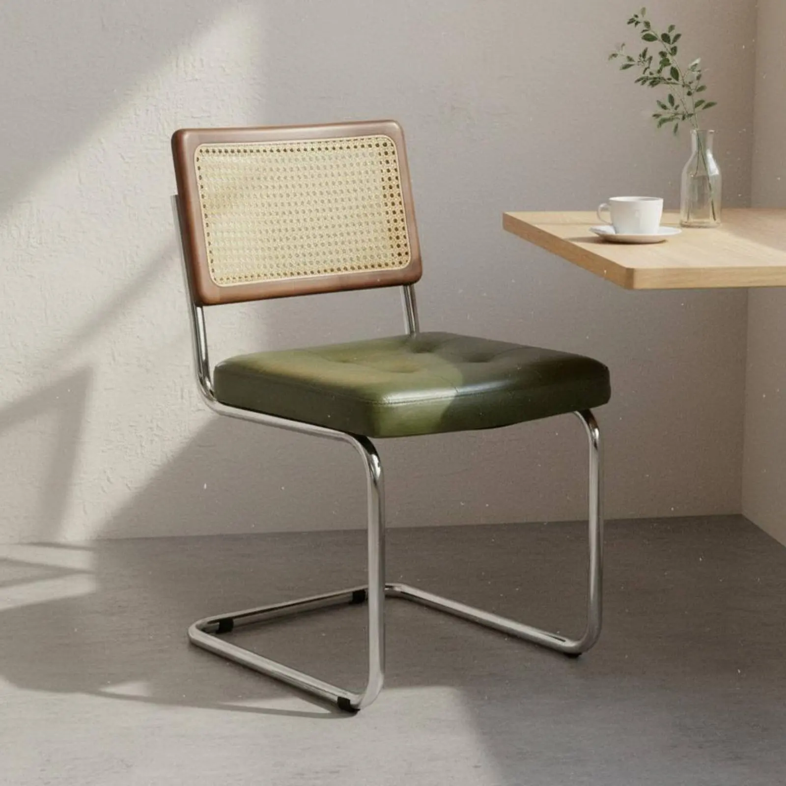 

Rattan Dining Chair Woven Backrest Vintage Dining Chair Home Furniture Cushioned Seat Easy Assembly