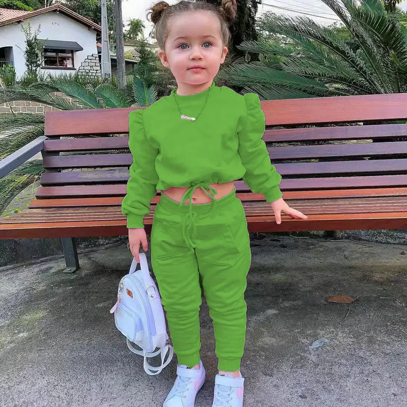 1-8Years Soild Kids Girl Child Suit Outfit Long Sleeve Crop Tops+Pants Sets Fashion Spring Autumn Baby Girl Clothes Suits 2023