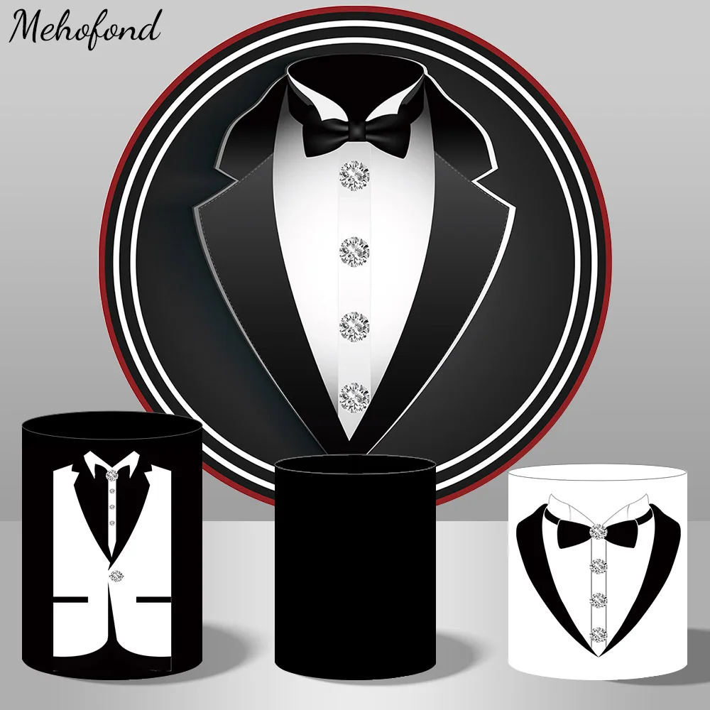 

Mehofond Round Gentleman Tuxedo Father's Day Backdrop Party Black and White Suit Bow Tie Luxury Dinner Plinthes Background Prop