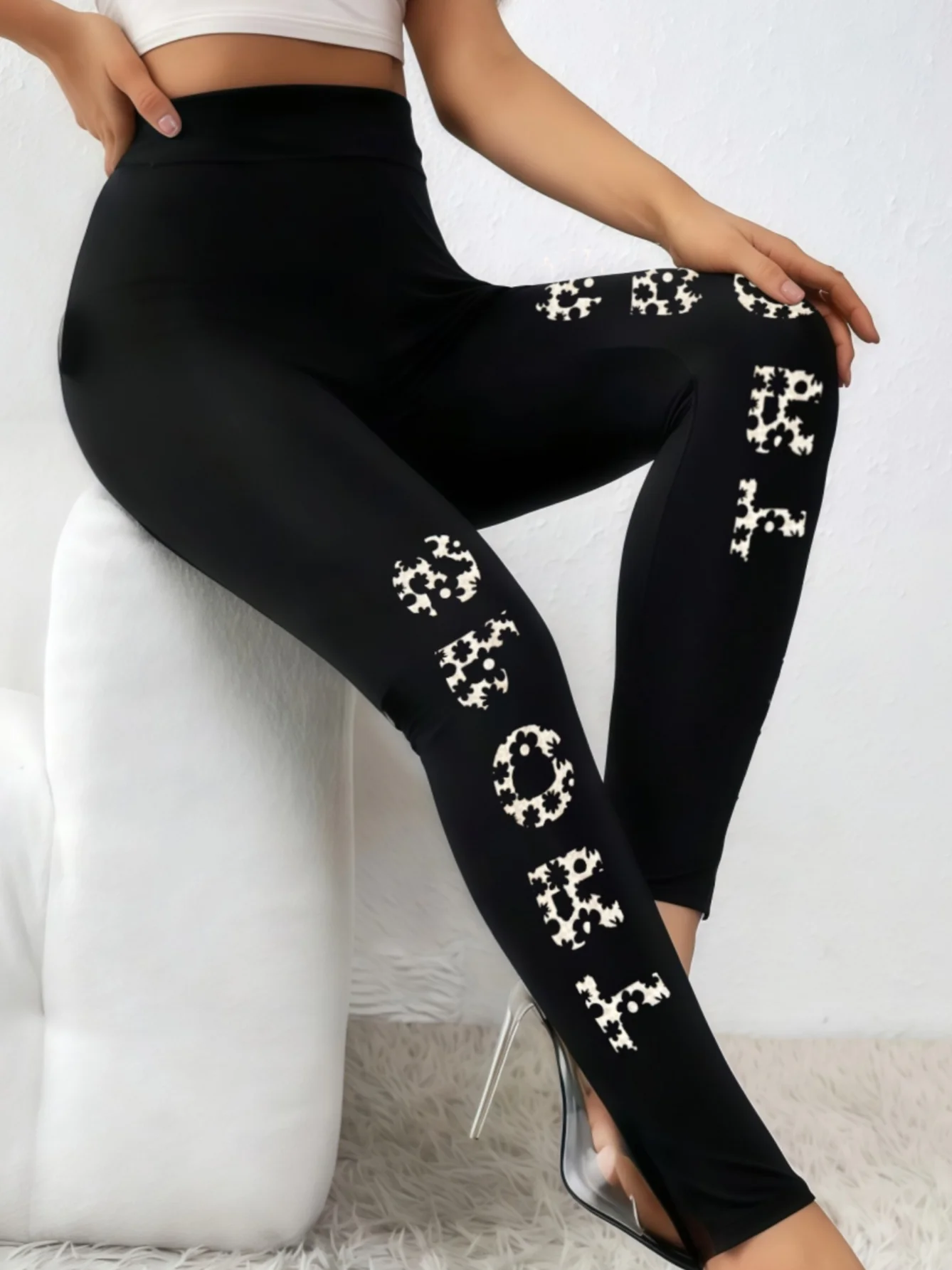 Women's Black Letter Print Leggings High Waist Stretchy Slim Fit Leggings for Shopping and Workouts
