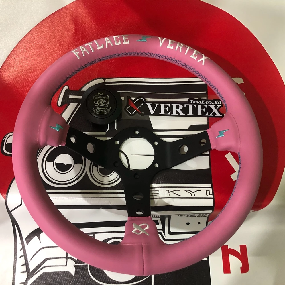 13Inch Racing Vertex Fatlace Steering Wheel Car JDM Drift Pink Leather Vertex Steering Wheel Volantes For VW HONDA TOYOTA BMW