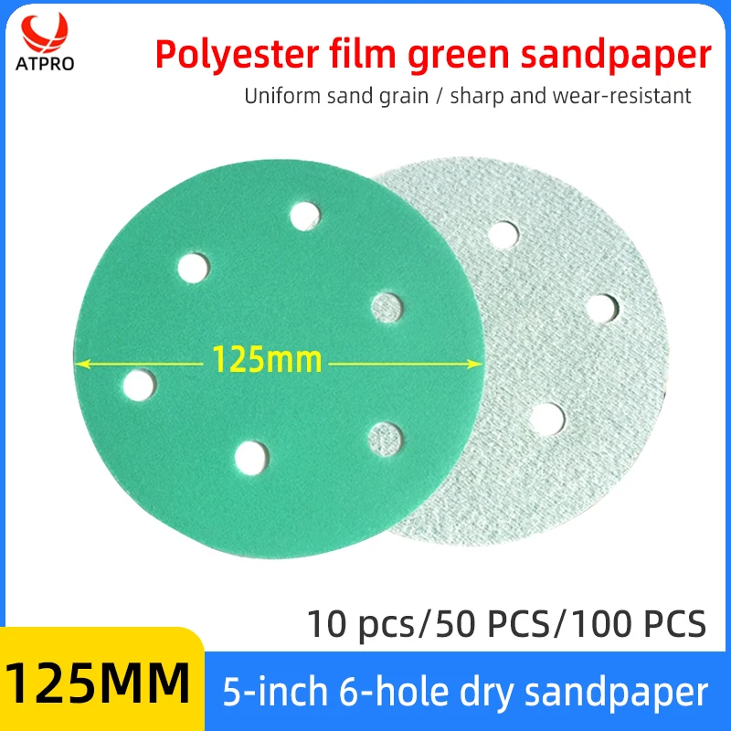 

5 дюймов, 6 отверстий, сухая наждачная бумага, пленка, зеленый песок, шлифовальная наждачная бумага для автомобиля, 125 мм, воздушная шлифовальная машина, полировальная наждачная бумага, зернистость 80-400