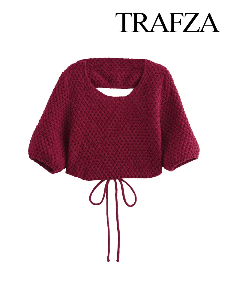 TRAFZA Women's New Fashion Sexy Round Neck Backless Knitted Tie Short Sweater Female Retro Versatile Streetwear Casual Sweater