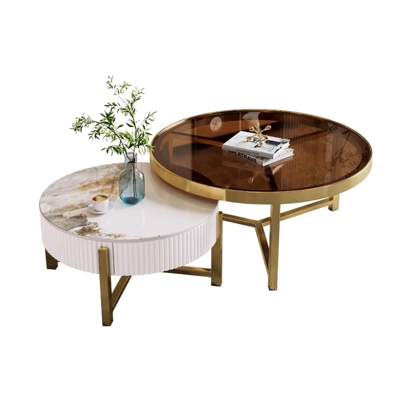 Modern Luxury Wood Marble Round Coffee Table Set Living Room Stainless Steel Gold Drawers Glass Extendable Furniture Design