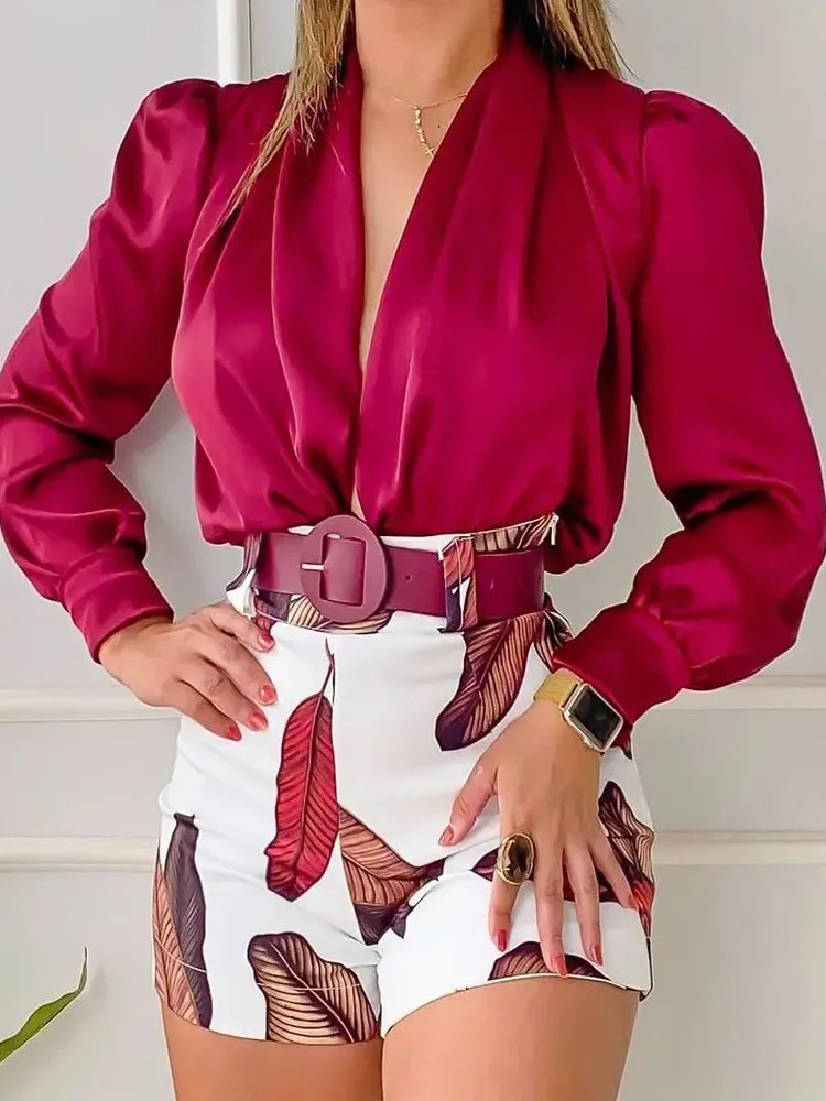 

Long Sve V-Ne Printed irt orts Set Women's Casual Sportswear Polyester Spring 2023 Faion College Girls Outfit