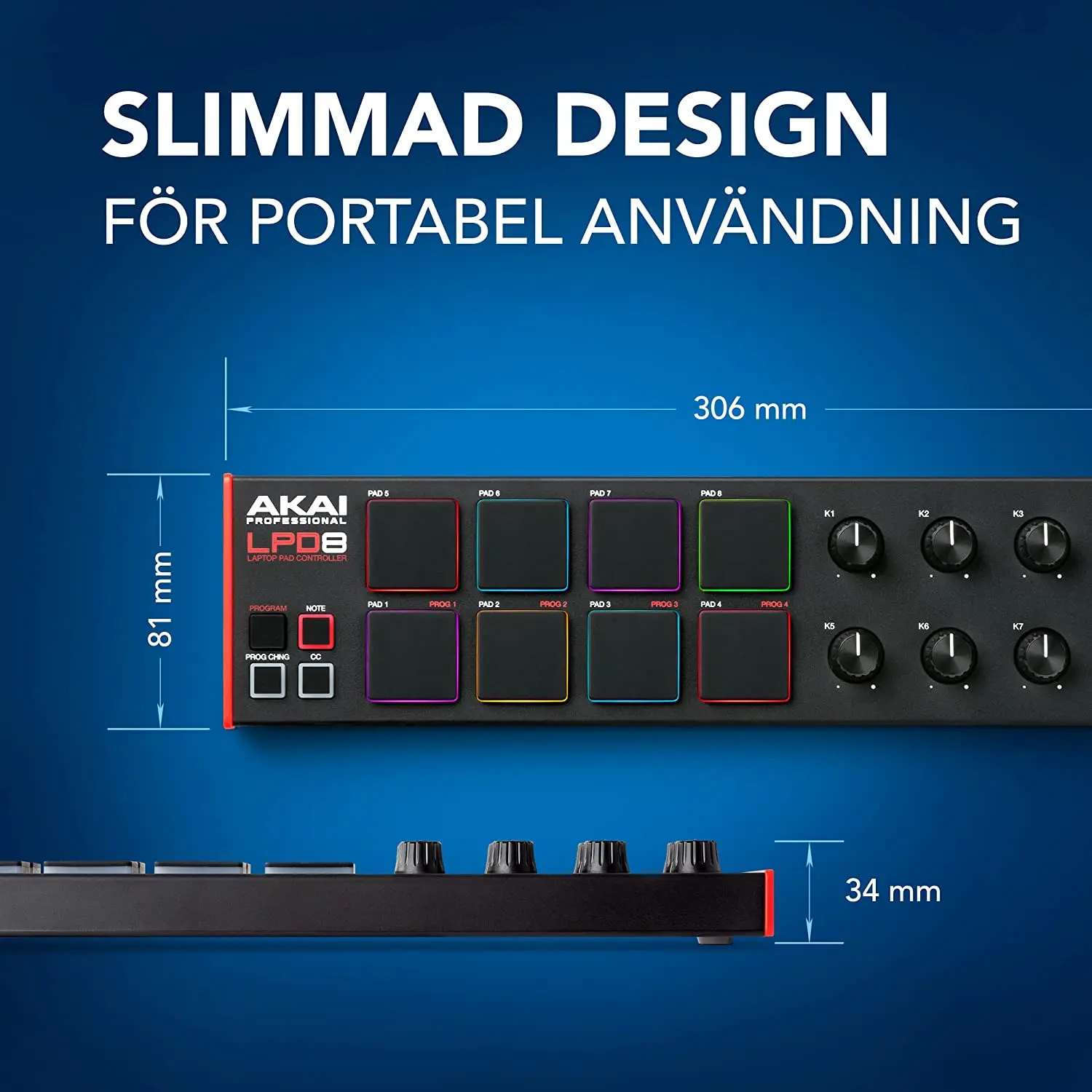 AKAI Professional LPD8 — USB MIDI-контроллер с 8 отзывчивыми ударными пэдками RGB MPC для Mac и ПК, 8 сменными ручками и музыкальными принтами