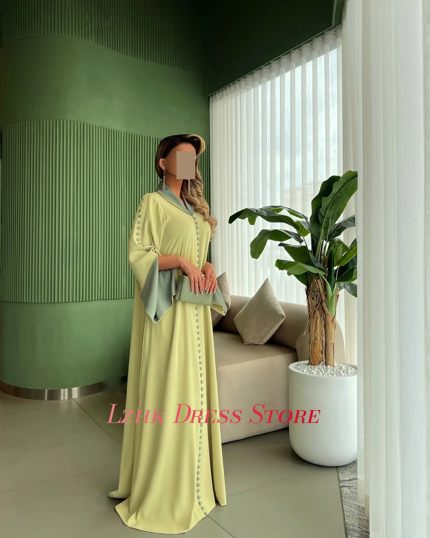 カスタマイズされた気質ジャージーAラインボタンイブニングドレスフォーマルロングスリーブVネックフロアレングス