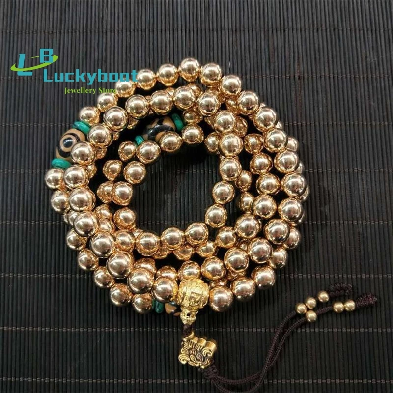 

Vintage 108 Nepal Brass Round Beads Bracelet Pure Copper Beads Necklace Classic Buddhist Prayer Mala for Men Meditation Dropship