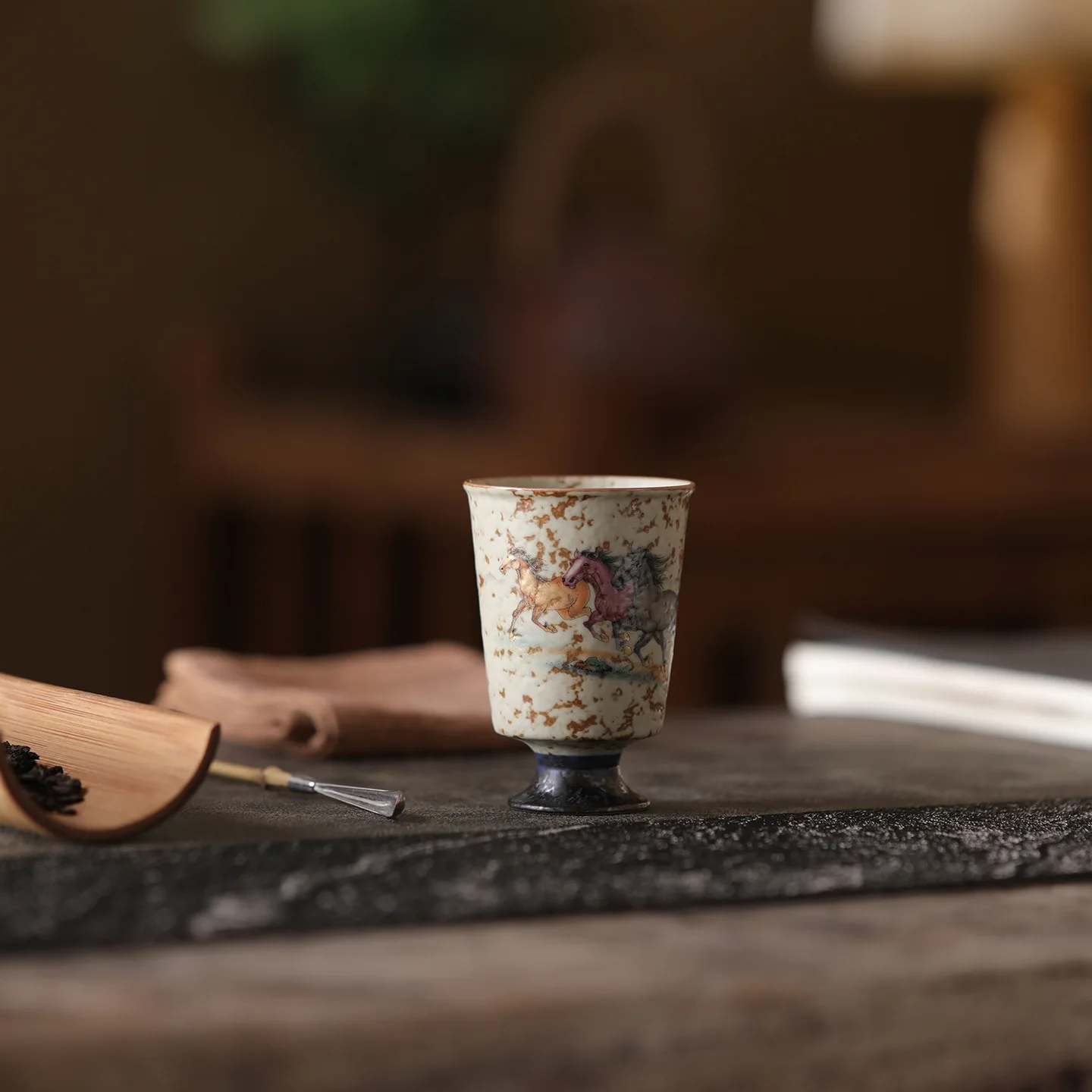 Blue White Fragrance Sniffing Cup Rust Red Base Vintage Horse Year Personal Kung Fu Tea Tasting Cup Gift Box Home Decor Gift