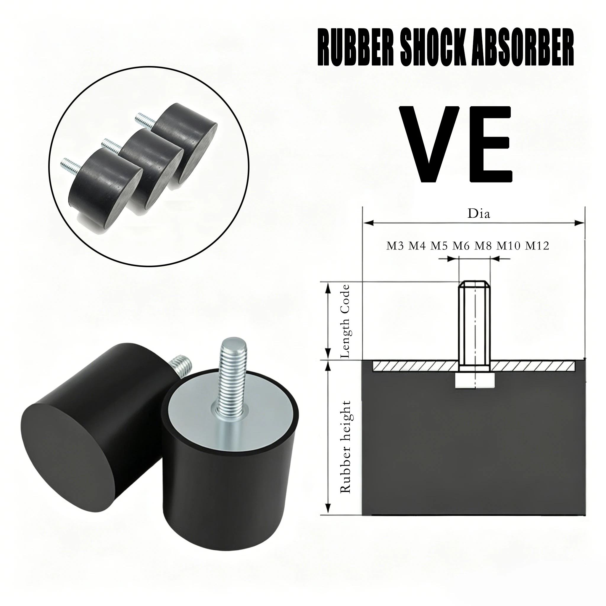 2Pcs Male-End Single Thread M3 M4 M5 M6 M8 M10 M12 Rubber Shock Absorber Isolation Mount VE-Type Damper Dia 8-60mm Crash Pad