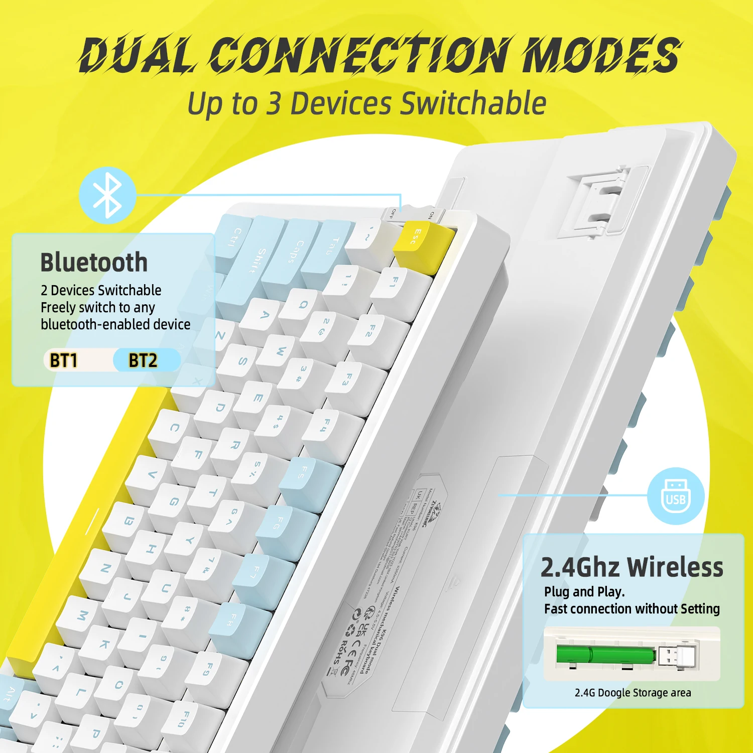 لوحة مفاتيح ميكانيكية لاسلكية K96، جهاز استقبال ثنائي الوضع 2.4G/BT5.0 2 في 1، 100 مفتاح مفاتيح حمراء قابلة للتبديل السريع Gamin #2