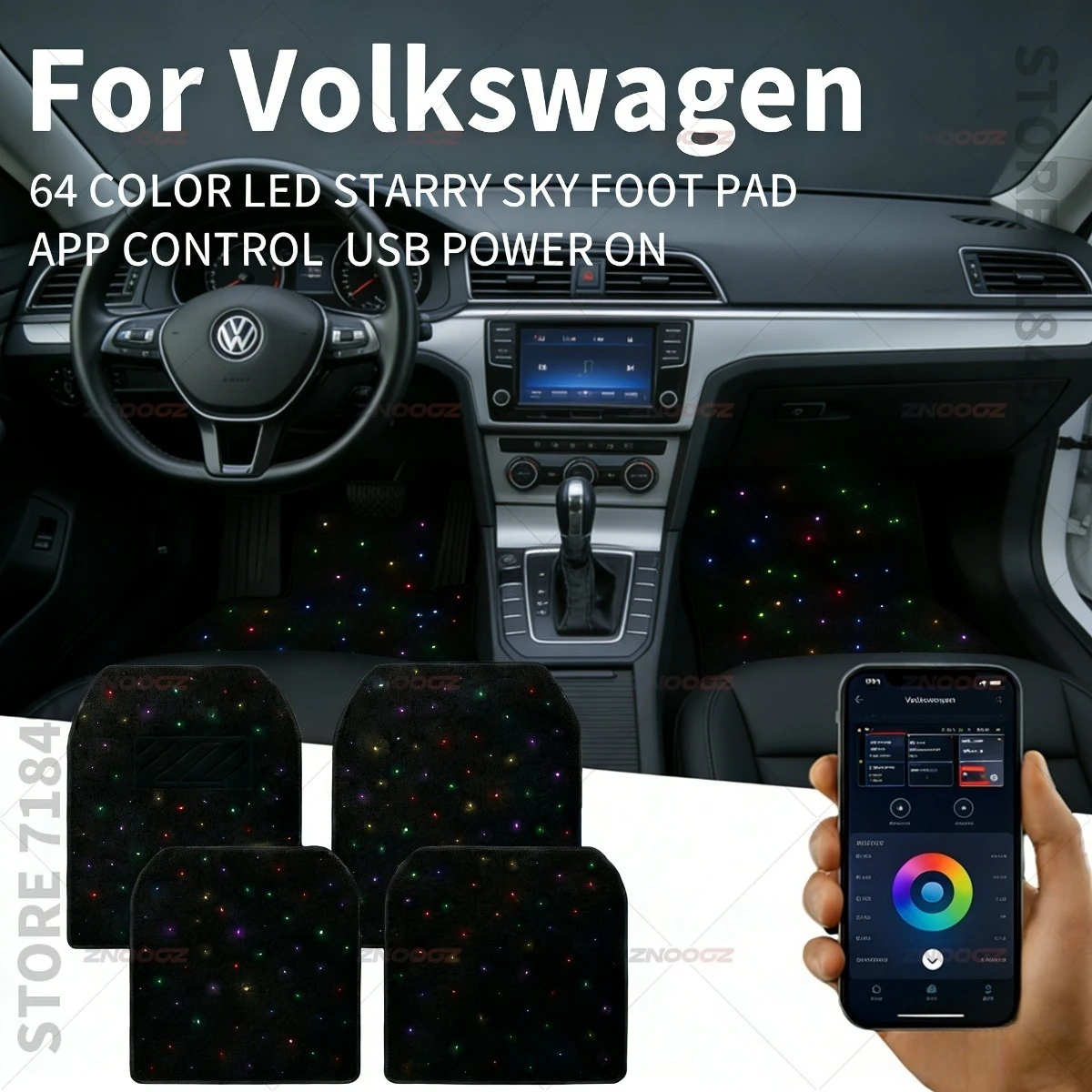 For Volkswagen T-Roc_Cabriolet Golf_VariantGolf_GTI Passat Arteon MultivanID_Buzz USB Car LED Starry Sky Foot Mat DIY Can Be Cut
