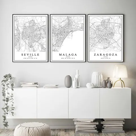 Spanish Cities Canvas Art  Barcelona Madrid Malaga Seville Valencia Zaragoza Map Wall Posters for Home Decor