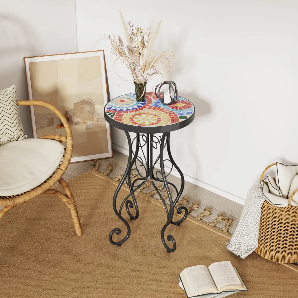 French Country Style Outdoor Side Table. Features A Colorful Ceramic Tabletop, A Matte-coated Steel Curved Frame, Rain and UV Protection, Adjustable Legs, Easy Cleaning, Durability, and Can Be Used Indoors or Outdoors.